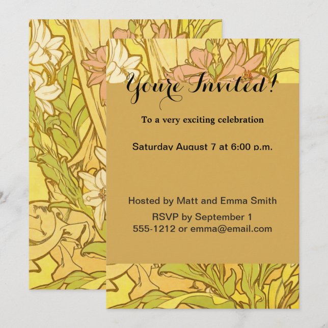 Alphonse Mucha Lily Flowers Pattern: Art Nouveau  Invitation (Front/Back)