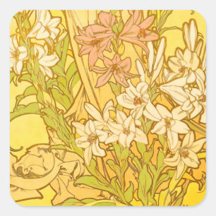 Alphonse Mucha Lily Flowers Pattern: Art Nouveau  Square Sticker