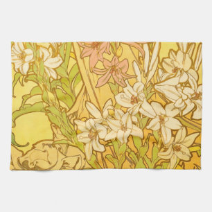 Alphonse Mucha Lily Flowers Pattern: Art Nouveau Tea Towel