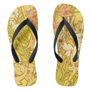 Alphonse Mucha Lily Flowers Pattern: Art Nouveau Thongs