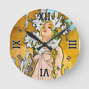 Alphonse Mucha - Lily - White Border Round Clock