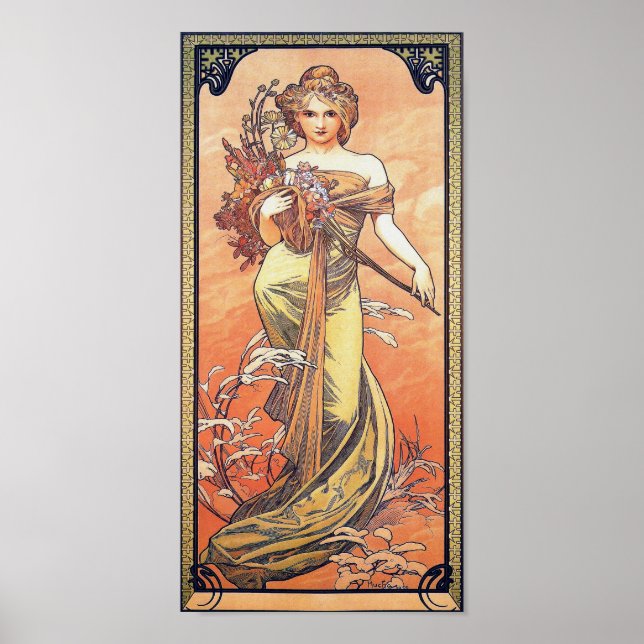 Alphonse Mucha Painting - Woman Holding Flowers Poster (Front)