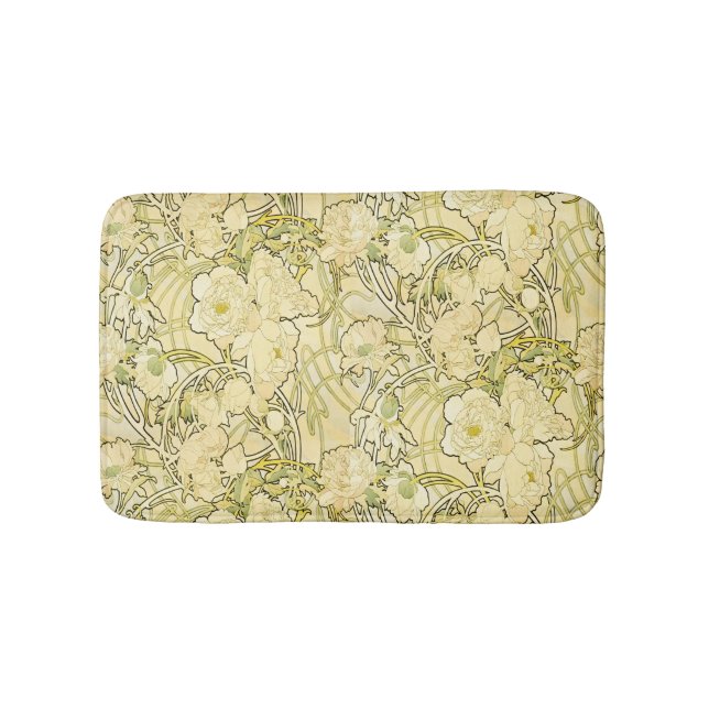 Alphonse Mucha Peonies Art Nouveau Floral Pattern Bath Mat (Front)