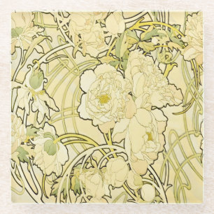 Alphonse Mucha Peonies Art Nouveau Floral Pattern Glass Coaster