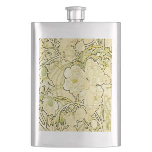 Alphonse Mucha Peonies Art Nouveau Floral Pattern Hip Flask