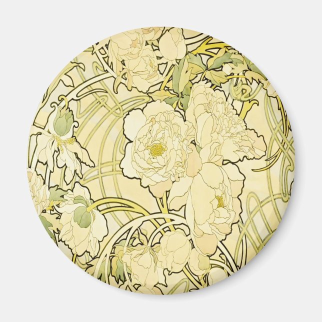 Alphonse Mucha Peonies Art Nouveau Floral Pattern Magnet (Front)