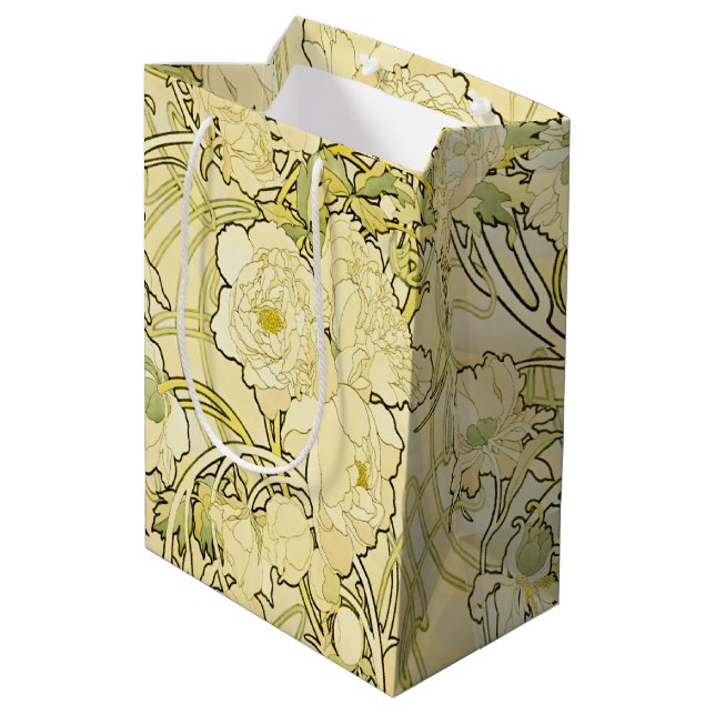 Alphonse Mucha Peonies Art Nouveau Floral Pattern Medium Gift Bag (Back Angled)