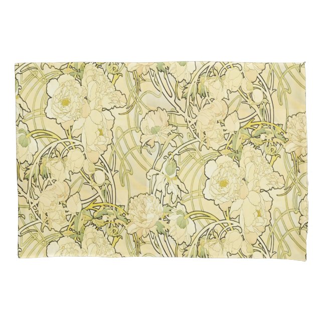 Alphonse Mucha Peonies Art Nouveau Floral Pattern Pillowcase (Front)