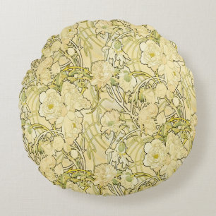 Alphonse Mucha Peonies Art Nouveau Floral Pattern Round Cushion