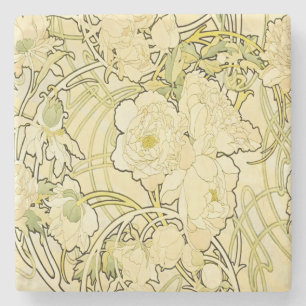 Alphonse Mucha Peonies Art Nouveau Floral Pattern Stone Coaster