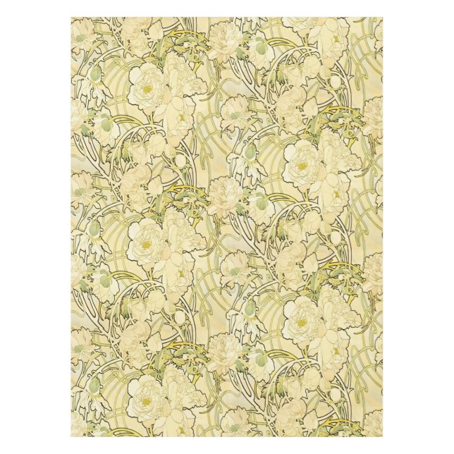 Alphonse Mucha Peonies Art Nouveau Floral Pattern Tablecloth (Front)