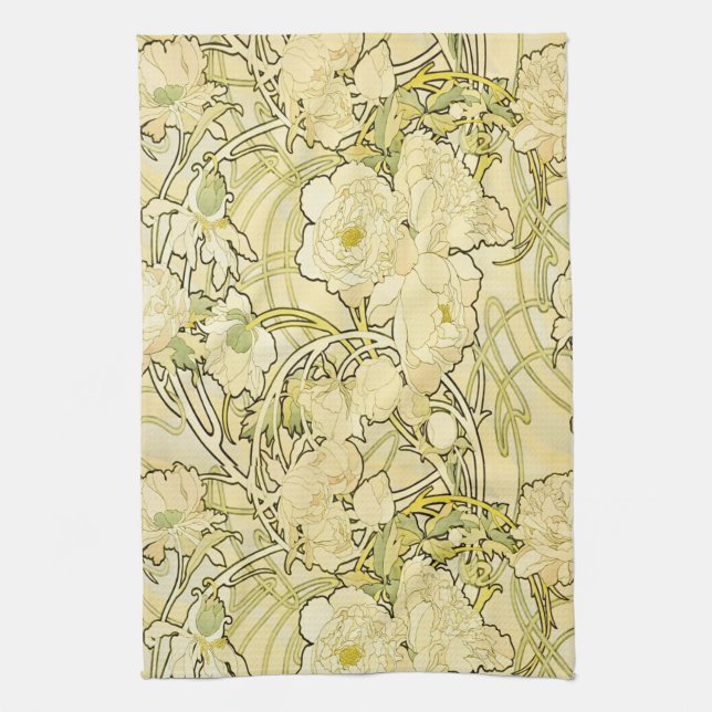 Alphonse Mucha Peonies Art Nouveau Floral Pattern Tea Towel (Vertical)