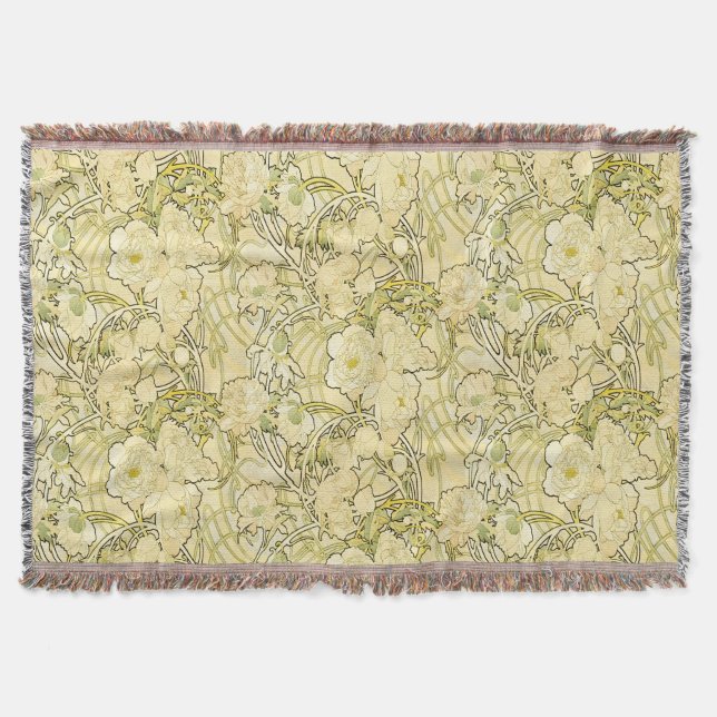 Alphonse Mucha Peonies Art Nouveau Floral Pattern Throw Blanket (Front)