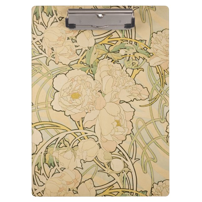 Alphonse Mucha Peonies Peony Roses Fawn 1897 Clipboard (Front)