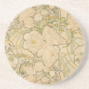 Alphonse Mucha Peonies Peony Roses Fawn 1897 Coaster