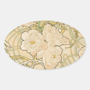Alphonse Mucha Peonies Peony Roses Fawn 1897 Oval Sticker