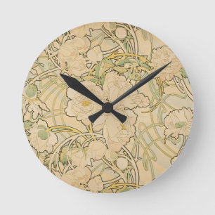 Alphonse Mucha Peonies Peony Roses Fawn 1897 Round Clock