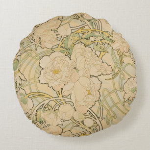 Alphonse Mucha Peonies Peony Roses Fawn 1897 Round Cushion