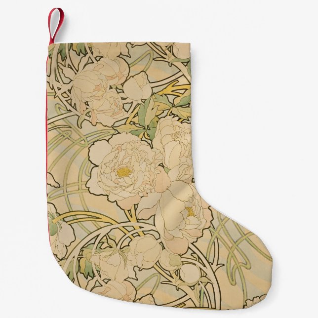 Alphonse Mucha Peonies Peony Roses Fawn 1897 Small Christmas Stocking (Front)
