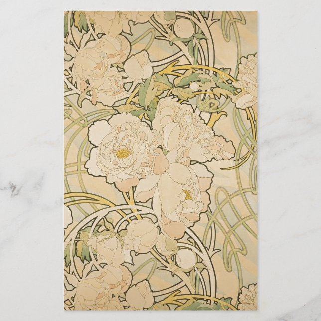 Alphonse Mucha Peonies Peony Roses Fawn 1897 Stationery (Front)