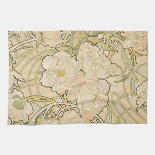 Alphonse Mucha Peonies Peony Roses Fawn 1897 Tea Towel