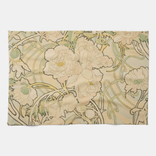 Alphonse Mucha Peonies Peony Roses Fawn 1897 Tea Towel