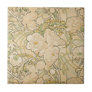 Alphonse Mucha Peonies Peony Roses Fawn 1897 Tile