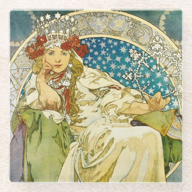 Alphonse Mucha Princess Hyacinth Art Nouveau Glass Coaster (Front)