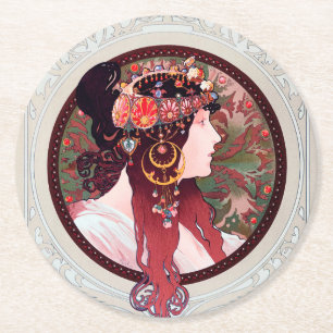 Alphonse Mucha Round Paper Coaster