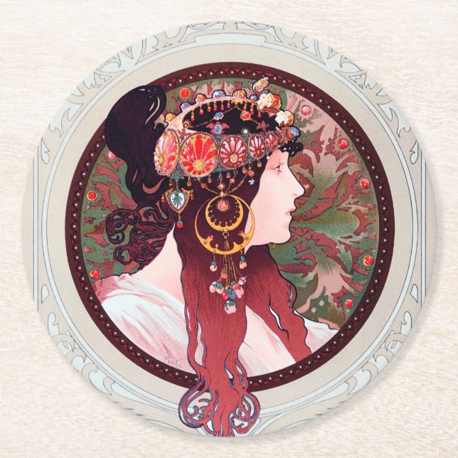 Alphonse Mucha Round Paper Coaster (Front)