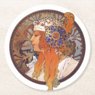 Alphonse Mucha Round Paper Coaster