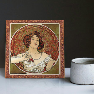 Alphonse Mucha "Ruby" Red Art Nouveau Vintage Ceramic Tile