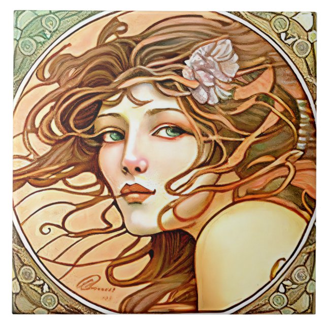 Alphonse Mucha Sarah Bernhardt Art Nouveau Ceramic Tile (Front)