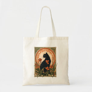 Alphonse Mucha Style Black Cat Art Nouveau Tote Bag