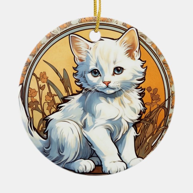 Alphonse Mucha Style Cat Ceramic Ornament (Front)