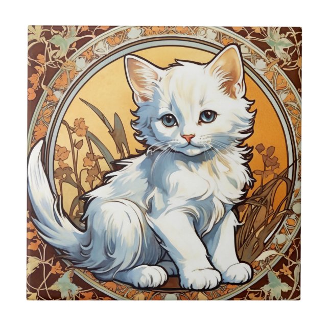 Alphonse Mucha Style Cat Ceramic Tile (Front)