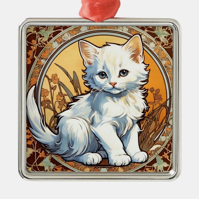 Alphonse Mucha Style Cat Metal Ornament (Front)