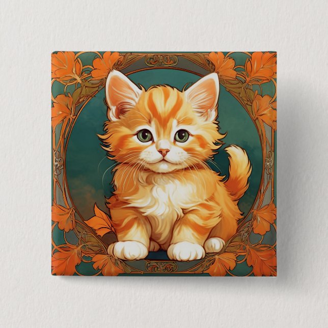 Alphonse Mucha Style Orange Cat 15 Cm Square Badge (Front)