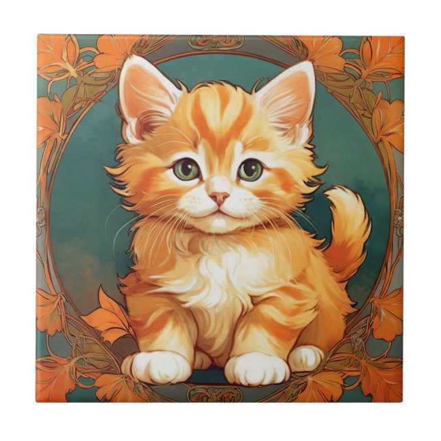 Alphonse Mucha Style Orange Cat Ceramic Tile (Front)
