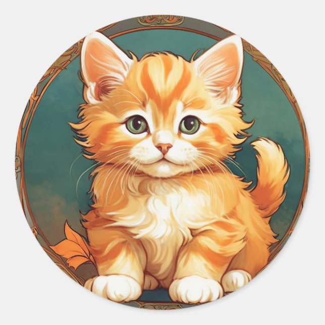 Alphonse Mucha Style Orange Cat Classic Round Sticker (Front)