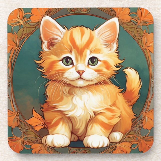 Alphonse Mucha Style Orange Cat Coaster (Front)