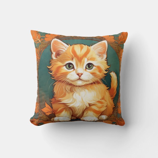 Alphonse Mucha Style Orange Cat Cushion (Front)