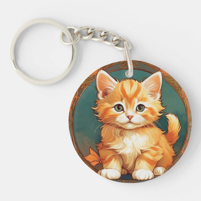 Alphonse Mucha Style Orange Cat Key Ring (Front)