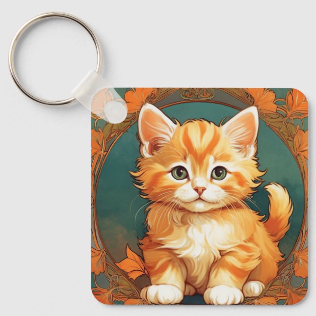 Alphonse Mucha Style Orange Cat Key Ring (Front)
