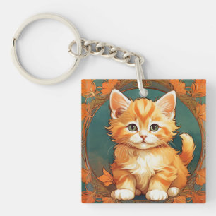 Alphonse Mucha Style Orange Cat Key Ring