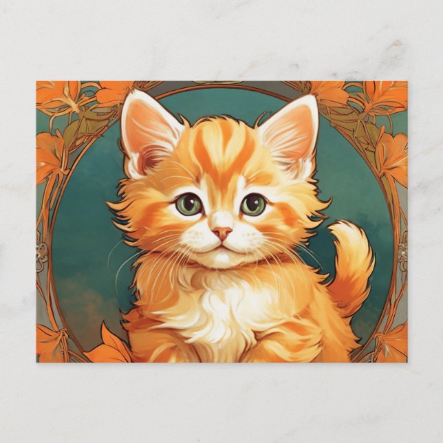 Alphonse Mucha Style Orange Cat Postcard (Front)