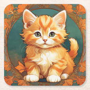 Alphonse Mucha Style Orange Cat Square Paper Coaster