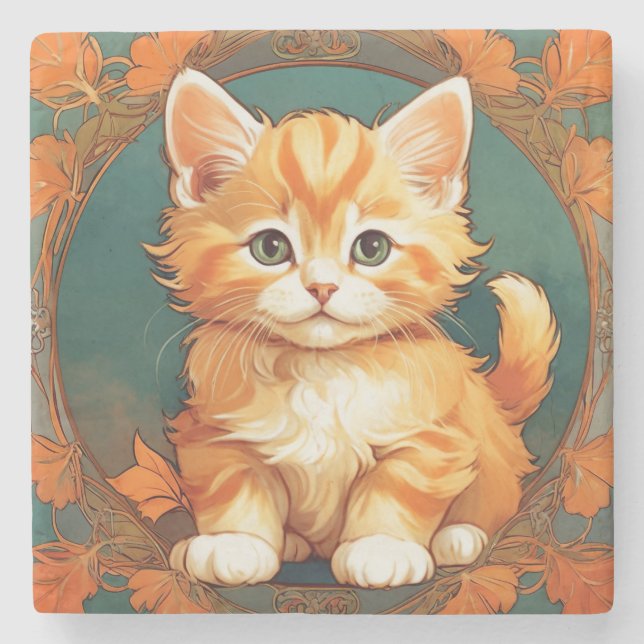 Alphonse Mucha Style Orange Cat Stone Coaster (Front)