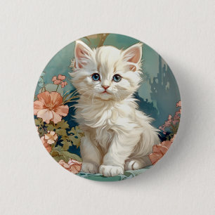 Alphonse Mucha Style White Cat 6 Cm Round Badge