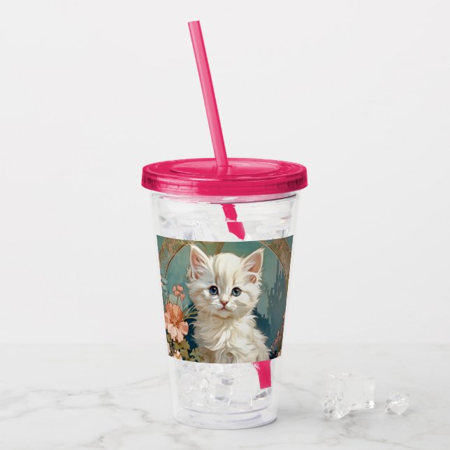 Alphonse Mucha Style White Cat Acrylic Tumbler (Front Ice)